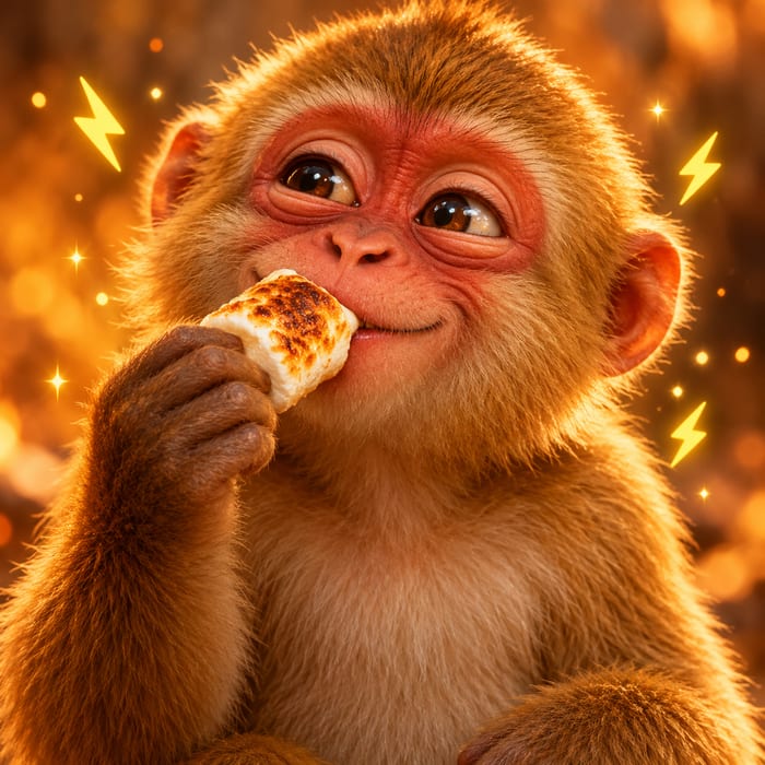 Marsmallow holding a toasted marshmallow inside a gold circle with yellow lightning, sparkles and a large translucent white M.