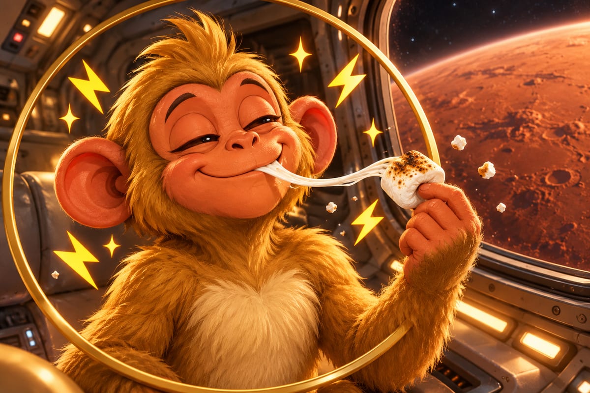 Marsmallow absorbed in his snack, holding one creamy white marshmallow with a caramel-brown toasted surface.
