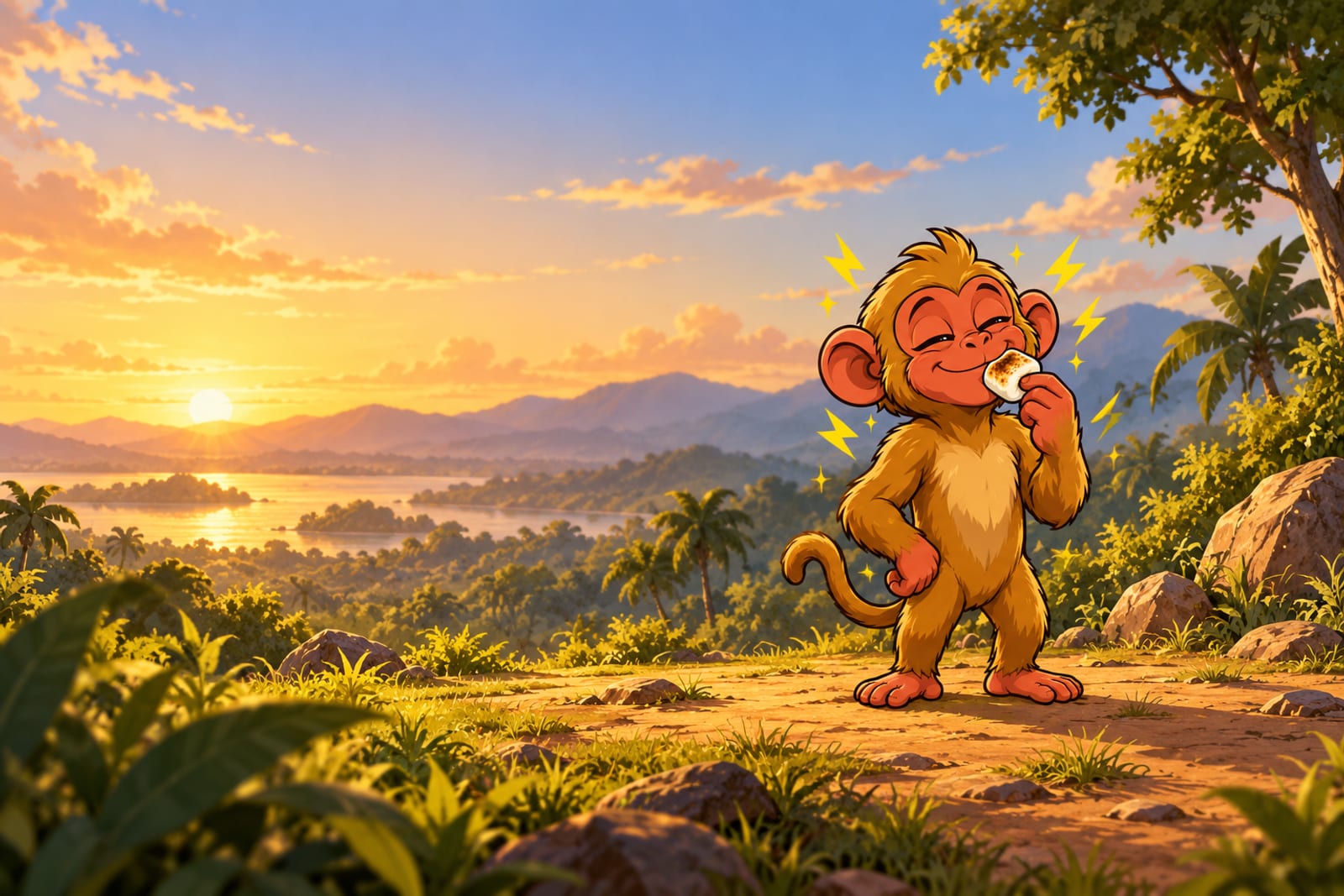 Marsmallow, a golden-brown cartoon monkey with a reddish face, holding a toasted marshmallow at his mouth.